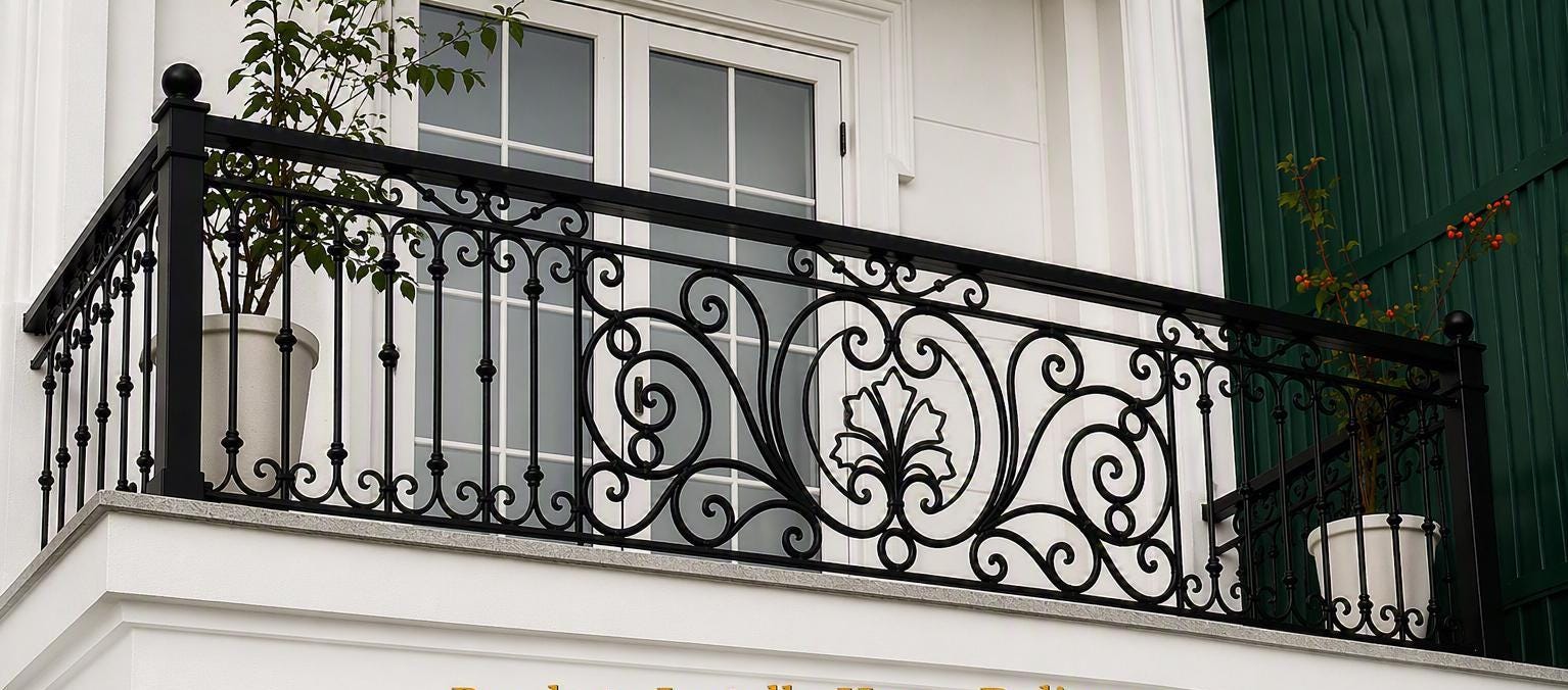 Handmade wrought iron balcony and terrace railing with ornamental finial detailing