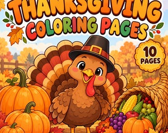 May include: A Thanksgiving colouring book cover featuring a cartoon turkey wearing a black pilgrim hat, surrounded by orange pumpkins, a cornucopia filled with fruits and vegetables, and autumn leaves. The text reads Thanksgiving Colouring Pages 10 Pages.