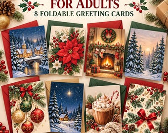 May include: A set of 8 foldable Christmas greeting cards for adults, featuring festive illustrations of snowy landscapes, a fireplace with stockings, poinsettias, ornaments, and a mug of hot cocoa, with the text CHRISTMAS CARDS FOR ADULTS.