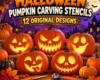 May include: A set of Halloween pumpkin carving stencils featuring 12 original designs. The image displays several carved, glowing orange pumpkins with various facial expressions, alongside a metal carving knife and a metal scoop tool.