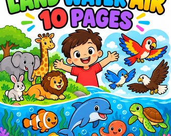 May include: A colourful educational illustration titled LAND WATER AIR 10 PAGES featuring a smiling child surrounded by cartoon animals. Land animals include a giraffe, elephant, lion, and rabbit. Water creatures include a dolphin, octopus, turtle, and fish. Air animals include a parrot, blue bird, and eagle.