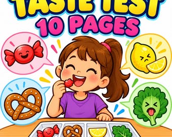 May include: A cartoon illustration titled TASTE TEST 10 PAGES featuring a person eating a red sweet. The image includes speech bubbles showing a red sweet, a pretzel, a lemon, and a leafy green vegetable, with matching items on a white tray.