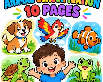 May include: A colourful educational graphic titled ANIMAL CLASSIFICATION 10 PAGES featuring a cartoon child in a blue shirt surrounded by illustrations of a brown dog, a red and yellow bird, an orange clownfish, a green turtle, and a frog.