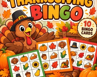 May include: Thanksgiving Bingo game set featuring 10 bingo cards with colorful illustrations of turkeys, pumpkins, corn, acorns, sunflowers, and pie slices. The text Thanksgiving Bingo is displayed in large, bold, multi-colored letters.
