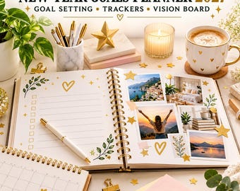 May include: A 2027 spiral-bound goal planner featuring the text NEW YEAR GOALS PLANNER 2027, GOAL SETTING, TRACKERS, VISION BOARD. The open planner displays lined pages with gold heart and leaf illustrations, alongside photos of landscapes and interiors.