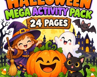 May include: A Halloween Mega Activity Pack with 24 pages, featuring a cartoon witch with a broom, a smiling jack-o'-lantern, a white ghost, a black cat, and a bat. The background shows a full moon, a dark castle, and sweets.