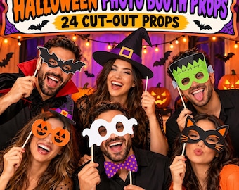May include: A set of 24 Halloween photo booth props featuring various cut-out designs on sticks, including a black bat mask, a purple and black witch hat, a green Frankenstein mask, orange pumpkin glasses, a white ghost mask, and a black cat mask.