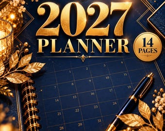 May include: A dark blue 2027 planner with gold lettering and a spiral binding. The cover features a calendar grid, a gold pen, and decorative gold leaves. A circular badge on the right side displays the text 14 PAGES in gold font.