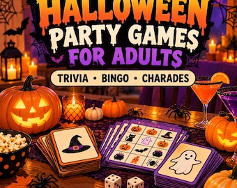 May include: A Halloween party game set for adults featuring cards with icons like a witch hat and ghost, a bingo board, and two dice. The text reads Halloween Party Games For Adults, Trivia, Bingo, Charades, with pumpkins and drinks.
