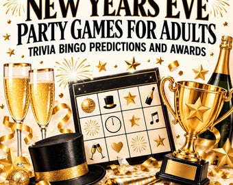 May include: A New Year's Eve party game set featuring the text "NEW YEARS EVE PARTY GAMES FOR ADULTS TRIVIA BINGO PREDICTIONS AND AWARDS". Includes a bingo card, two champagne flutes, a black top hat, a gold trophy, and confetti.