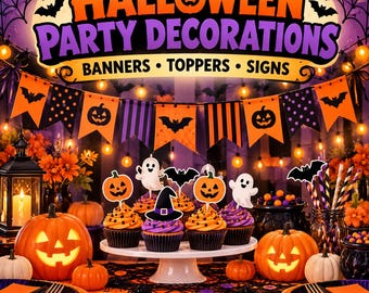 May include: A Halloween party display featuring a banner with the text HALLOWEEN PARTY DECORATIONS BANNERS TOPPERS SIGNS, orange and purple bunting, cupcakes with ghost, pumpkin, and witch hat toppers, and jack-o'-lanterns on a table.