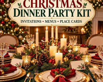 May include: A Christmas dinner party kit featuring a sign with the text CHRISTMAS DINNER PARTY KIT, INVITATIONS, MENUS, PLACE CARDS. The table is set with white plates, gold chargers, red napkins, candles, pine branches, and pinecones.