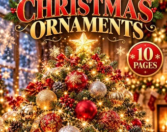 May include: A digital graphic featuring the text PRINTABLE CHRISTMAS ORNAMENTS and a red circular badge stating 10 PAGES. The image displays a decorated Christmas tree with red, gold, and silver ornaments, pinecones, and a star topper.