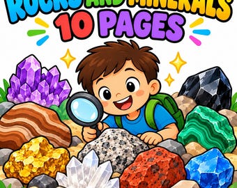 May include: A cartoon illustration featuring the text ROCKS AND MINERALS 10 PAGES above a character holding a magnifying glass. The scene includes various colourful rocks and minerals, including purple amethyst, gold, clear quartz, and green malachite.