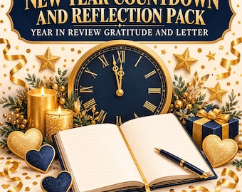 May include: A New Year Countdown and Reflection Pack set featuring an open lined journal with a black pen, a dark blue clock with gold Roman numerals, two gold candles, a blue gift box, and gold glitter heart accents on a cream background.