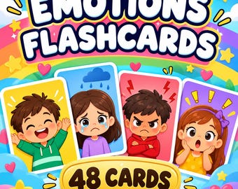 May include: A set of Emotions Flashcards featuring 48 cards. The colourful graphic displays four cards showing cartoon characters expressing joy, sadness, anger, and surprise, set against a rainbow background with hearts and stars.