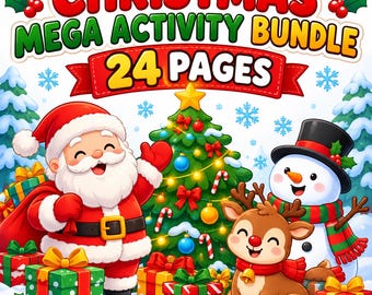 May include: A Christmas Mega Activity Bundle with 24 pages of content. The graphic features Santa Claus, a snowman, and a reindeer in front of a decorated Christmas tree, surrounded by colourful gift boxes and snowflakes.