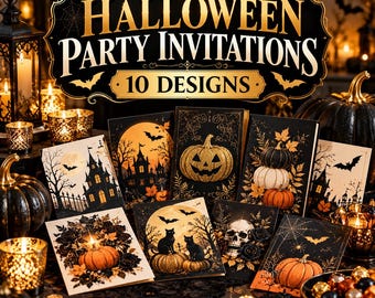 May include: A collection of 10 Halloween party invitation cards featuring black and gold designs with pumpkins, skulls, black cats, haunted houses, and bats. The main sign reads HALLOWEEN PARTY INVITATIONS 10 DESIGNS in gold lettering.