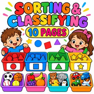 Puede incluir: Una ilustración digital titulada SORTING & CLASSIFYING 10 PAGES que muestra a dos niños clasificando formas y objetos en ocho contenedores coloridos. Los contenedores contienen varios elementos, incluyendo formas geométricas, pelotas, frutas y juguetes.