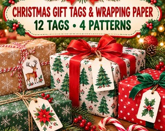 May include: A set of Christmas gift tags and wrapping paper featuring 12 tags and 4 patterns. The image displays wrapped presents with reindeer, pine tree, and poinsettia tags, accented by red ribbons, candy canes, and holly decorations.