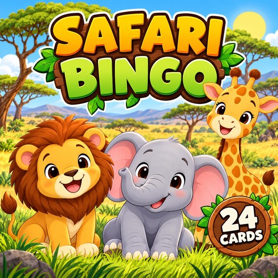 Safari Animals Picture Bingo Game for Kids | 24 Cards | Printable Party Game | Instant Download