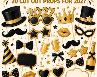 May include: A set of 20 New Year's Eve photo booth props for 2027, featuring black and gold glitter cutouts of top hats, moustaches, bow ties, champagne flutes, a crown, lips, and various glasses, all attached to thin wooden sticks.