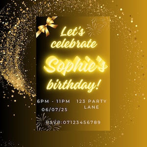 Elegante Geburtstagseinladung | Gold & Schwarz Party einladen | Bearbeitbarer digitaler Download | Schicke Neon Glow Geburtstagskarte | Sofort Download