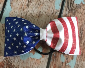 Red White and Blue Flag Glitter Tailless Cheer Bow