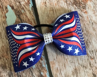 Red White and Blue Flag Glitter Tailless Cheer Bow