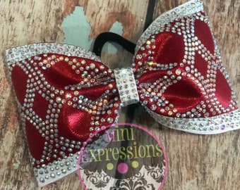 Red and White Glitter Rhinestone Tailless Cheer Bow with