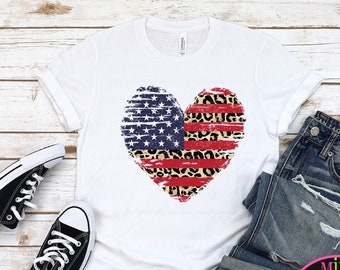 Stars and Strips Heart HTV or Sublimation Transfer Ready to Press/ Sublimation transfer/ Red White and  Blue/ HTV Transfer/ DIY/ Leopard