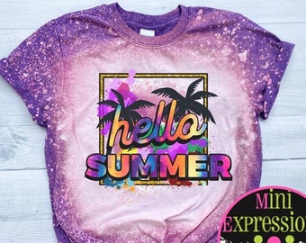 Hello Summer Bleached Shirt You Pick Your Shirt Color Youth and Adult Sizes bleached tee/ Tie dye/ Palm Trees