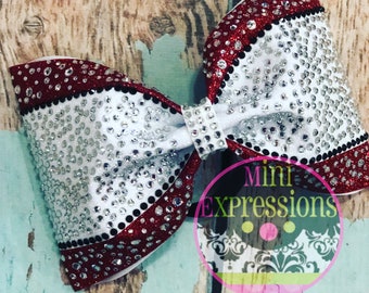 Red and White Glitter Rhinestone Tailless Cheer Bow with