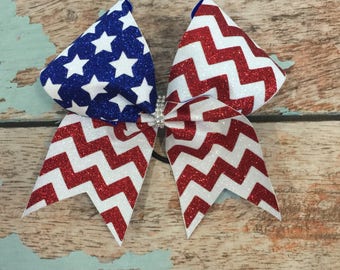 Full Glitter Red, White, and Blue American Flag  Cheer bow