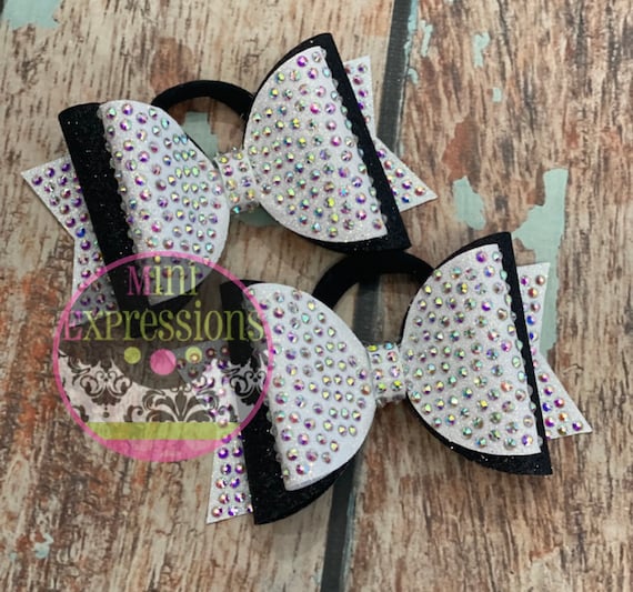 New Medium Black Glitter Cheer Bow with Rhinestones – Tailless Competition Hair 3 main image 3