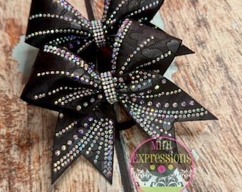 Coleta con diamantes de imitación, lazo de leopardo mate para porristas, color a elegir, moños divertidos para el día del juego de porristas All Star