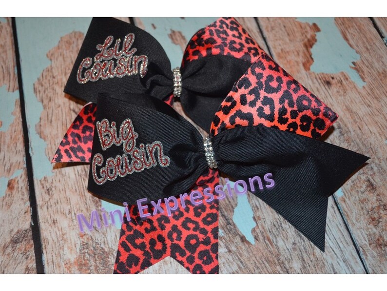 3 Big Sis Lil Sis or Big Cousin Lil Cousin Red and Black Tick Tock Cheer bow