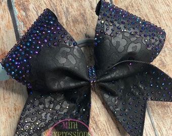 Large Leopard Black on Black Rhinestone Cheer Bow Allstar Cheer Cheerleading