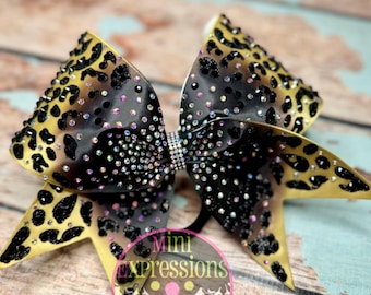 Satin and glitter leopard Rhinestone Cheer Bow/ Cheerleading/ Cheerleader/ Sideline Cheer