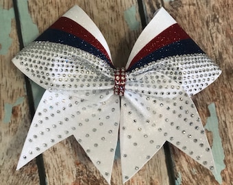 Red White and Navy Blue Glitter Rhinestone Cheer bow/ Cheerleading/ Competition bow/ school cheer/ Allstar