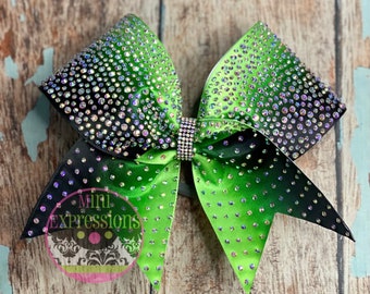 Lime green and Black Satin Rhinestone Cheer bow can be made in custom colors