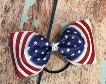 Red White and Blue Flag Glitter Tailless Cheer Bow