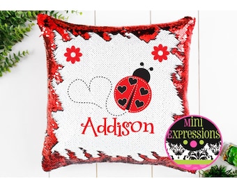 Personalized Sequin Ladybug Pillow Mermaid Pillow Reverse Sequin Personalized Pillow 16x16