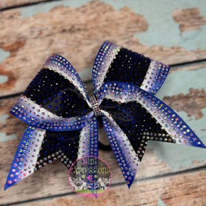 Blue and black  Satin Rhinestone Cheer Bow competition bow allstar cheerleader