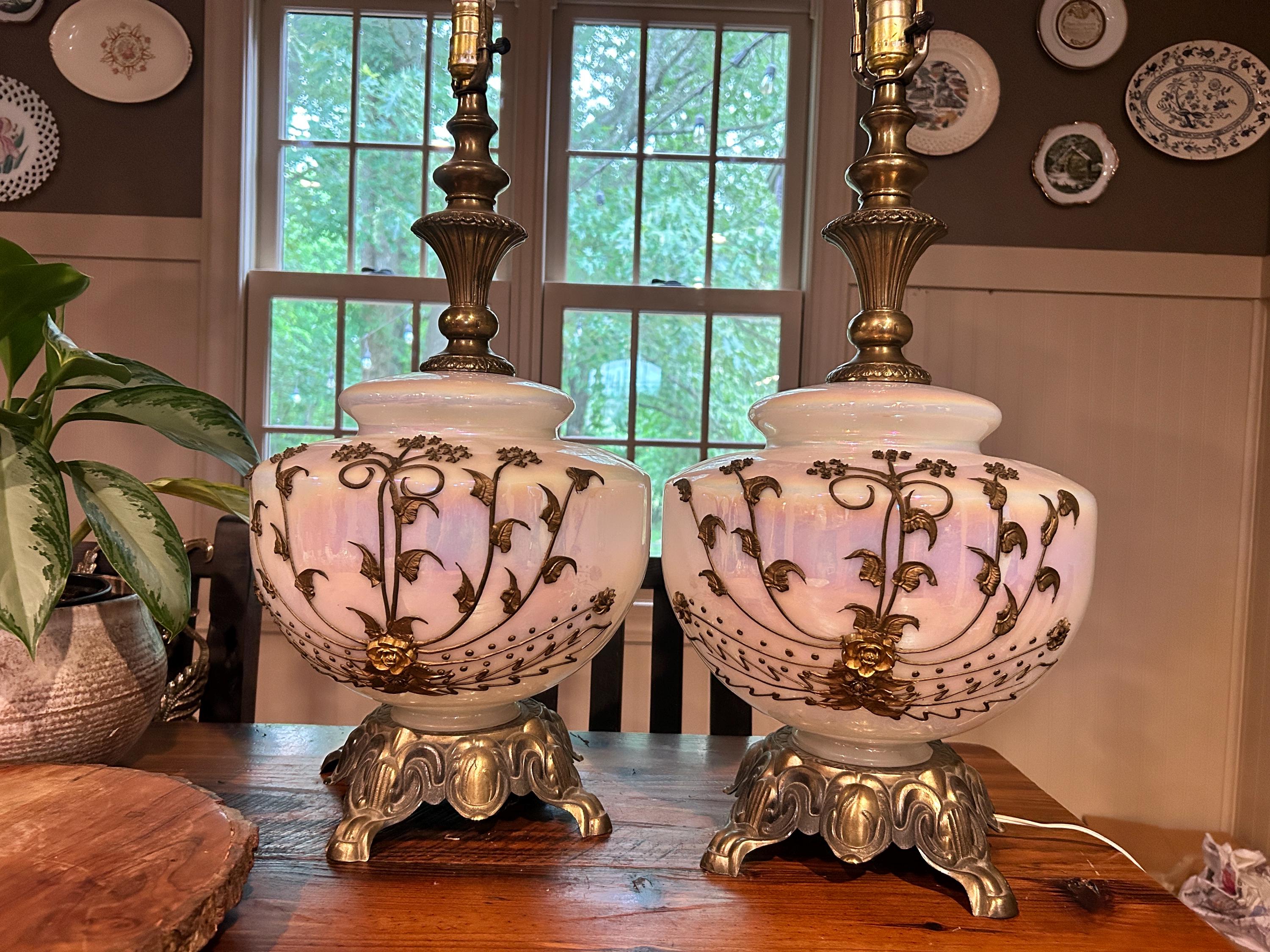Set of 2 Opalescent Accurate Castings MCM Hollywood Regency parlor lamps -READ DESCRIPTION!