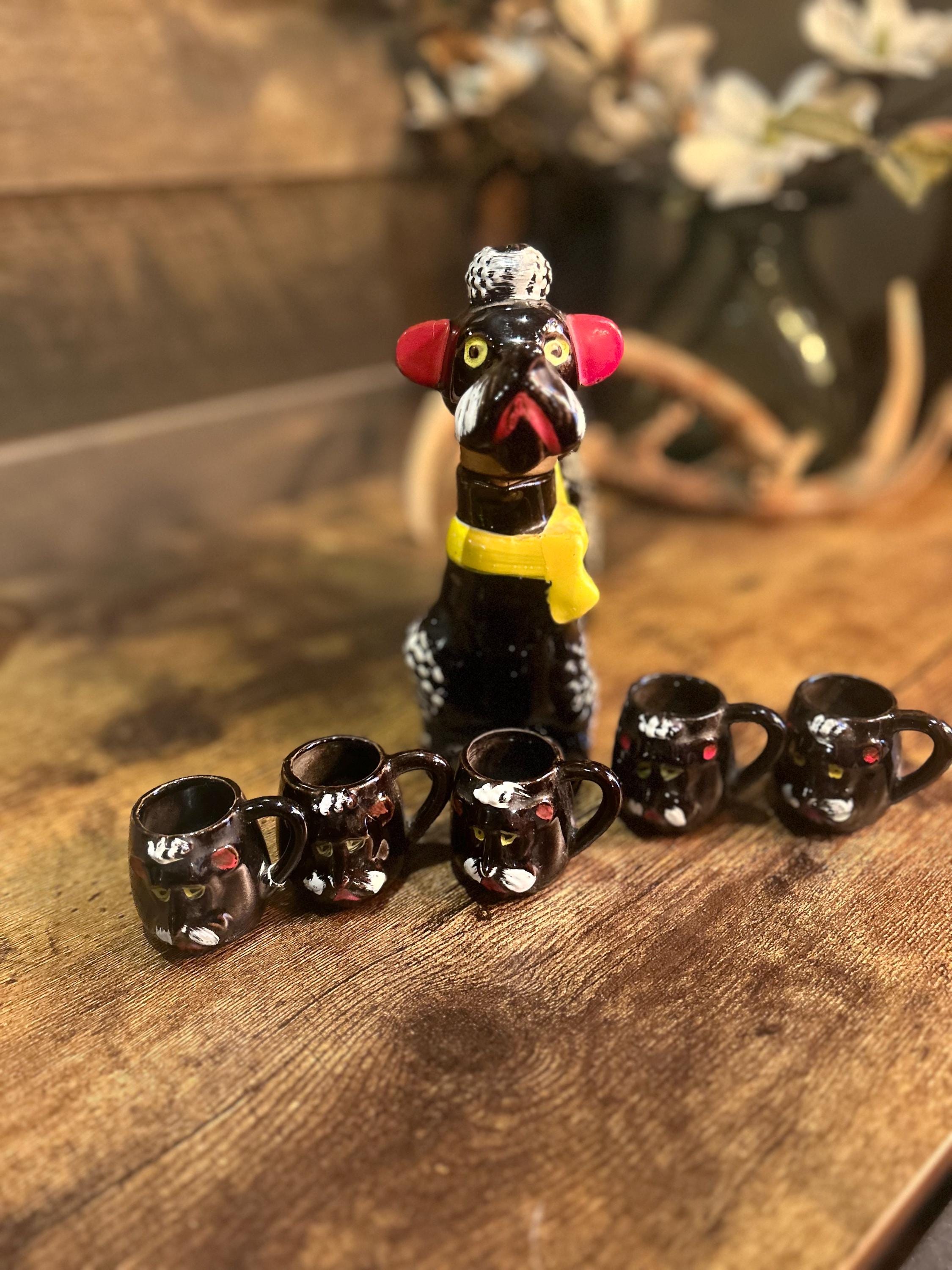 Vintage Japan Poodle Decanter Set With 5 Pup Cups – Hand-painted