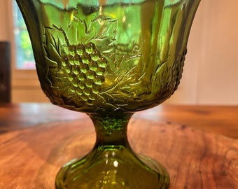 Vintage Green Glass Compote – Harvest Grape Pattern by Indiana Glass