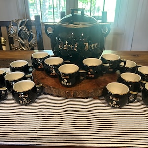 Vintage Hall Pottery Tom & Jerry Punch Bowl Set – Black with Gold Trim – 16 Pieces