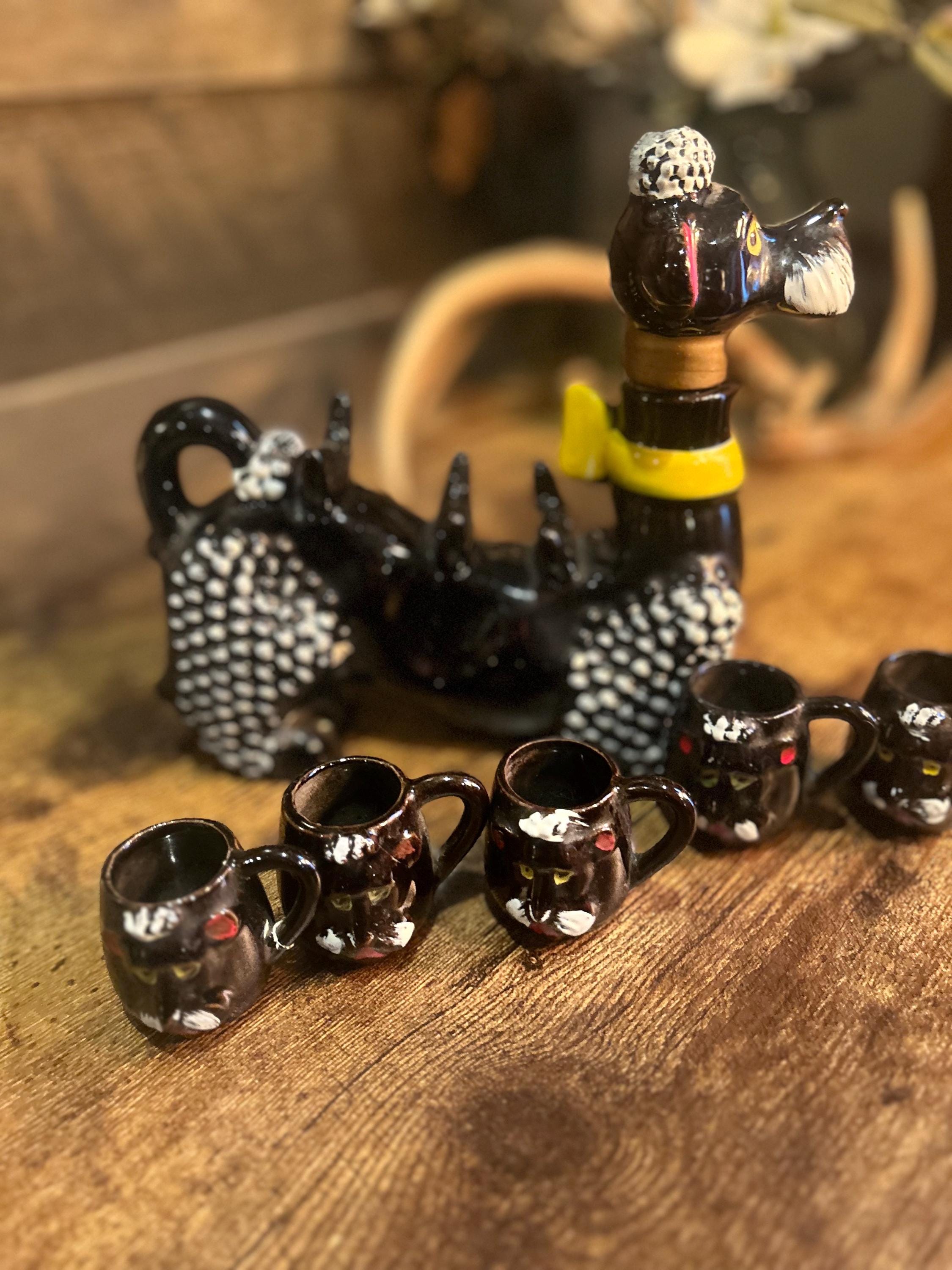 Vintage Japan Poodle Decanter Set With 5 Pup Cups – Hand-painted
