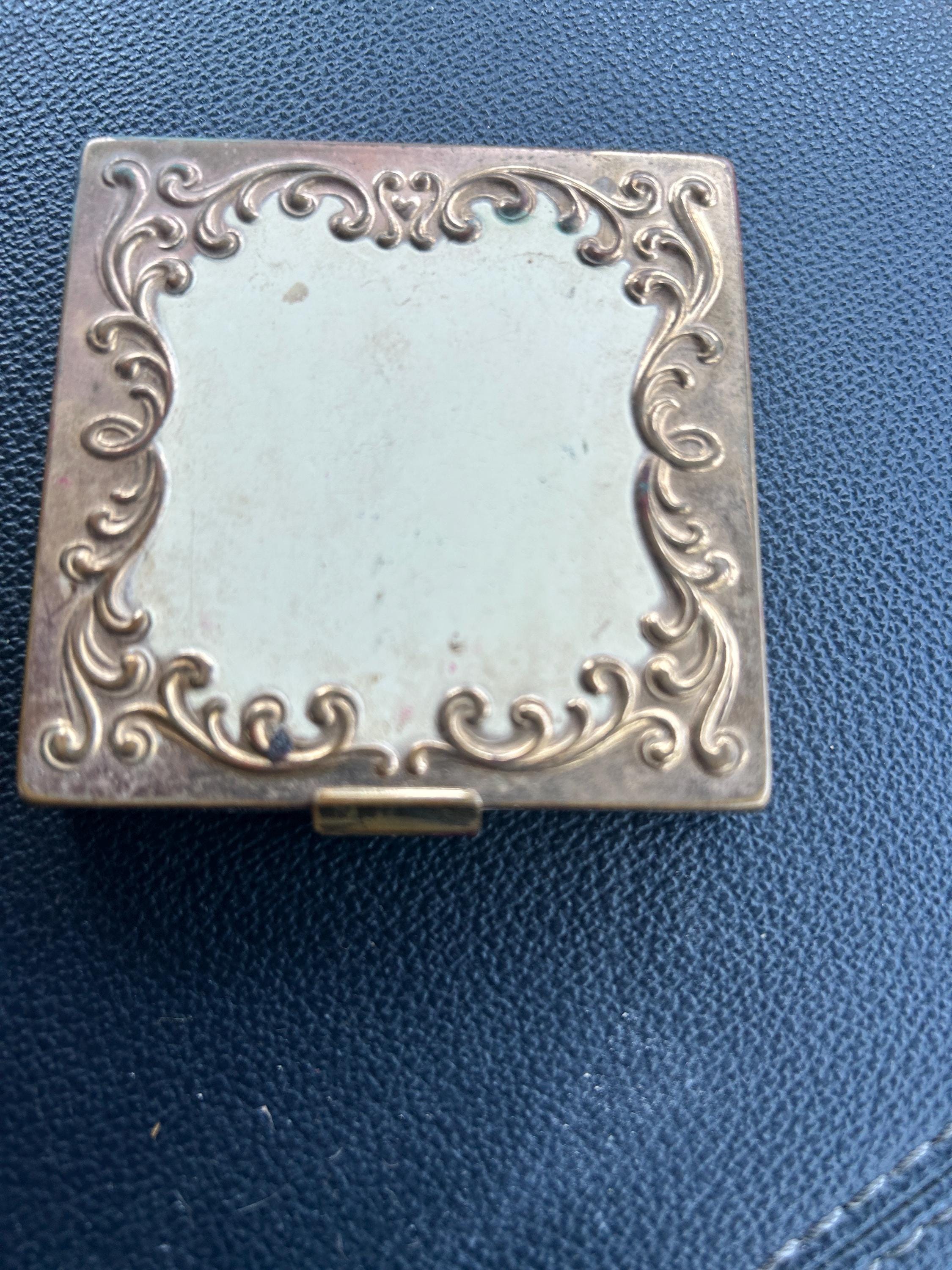 Vintage Helena Rubinstein Baroque Compact Ornate Square Makeup Compact with Mirror & Puff Gold-Tone Metal with Scroll Frame Design